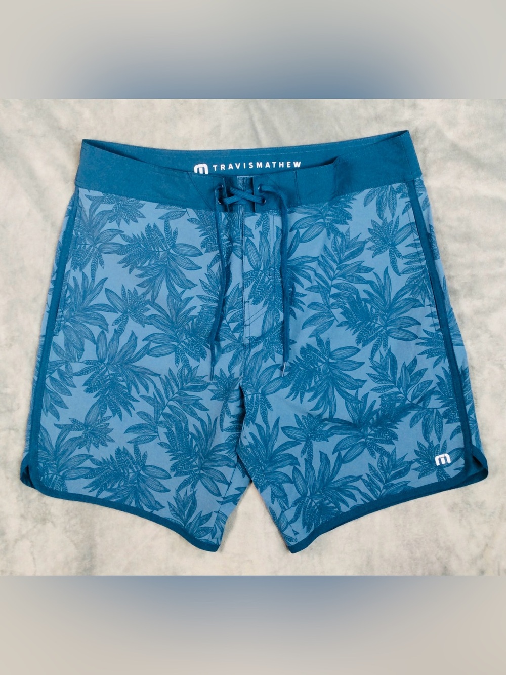 Travis Mathew Teal Blue Tropical Print Swim Shorts